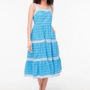 J. Crew Block-print Squareneck Smocked Floral Tiered Midi Dress Size 14